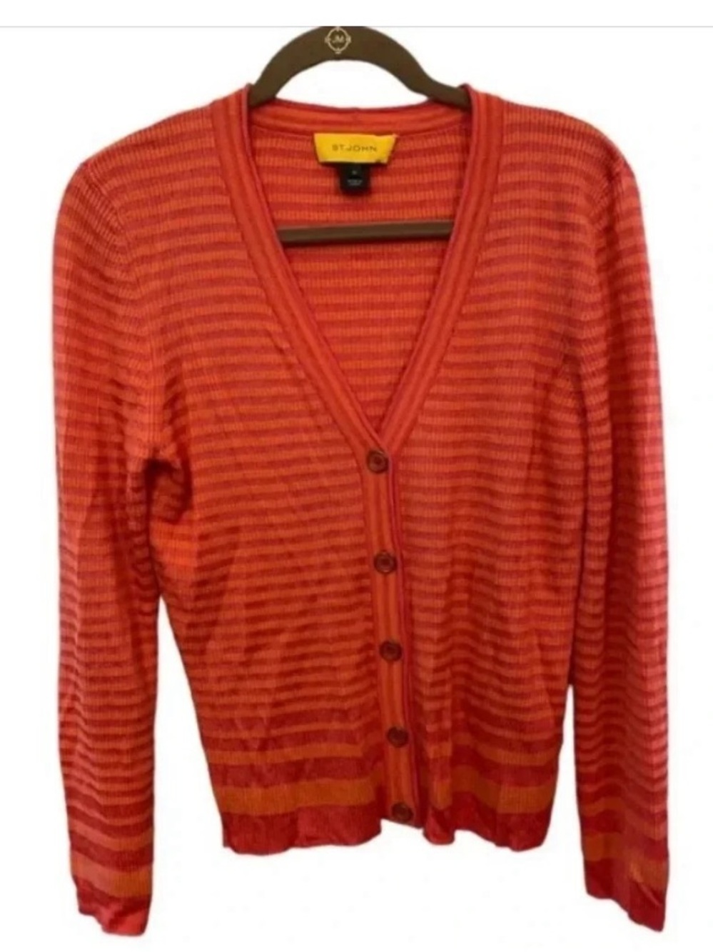 St. John Yellow Tag Striped Cardigan Sweater Orange Jersey knit, wool blend.